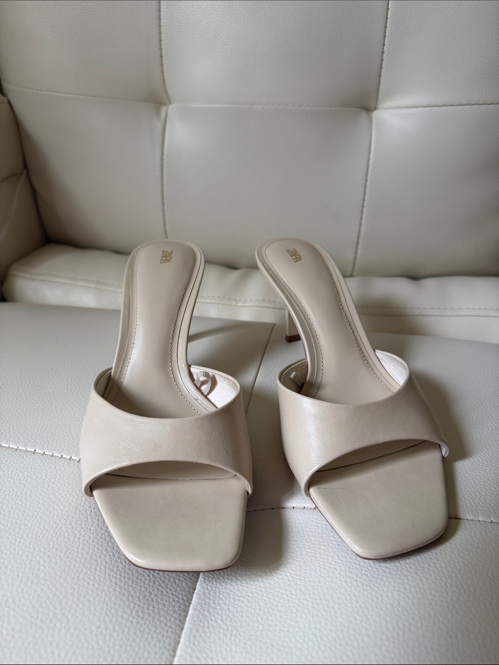 Zara Beige Square-Toe Leather Slide Heels